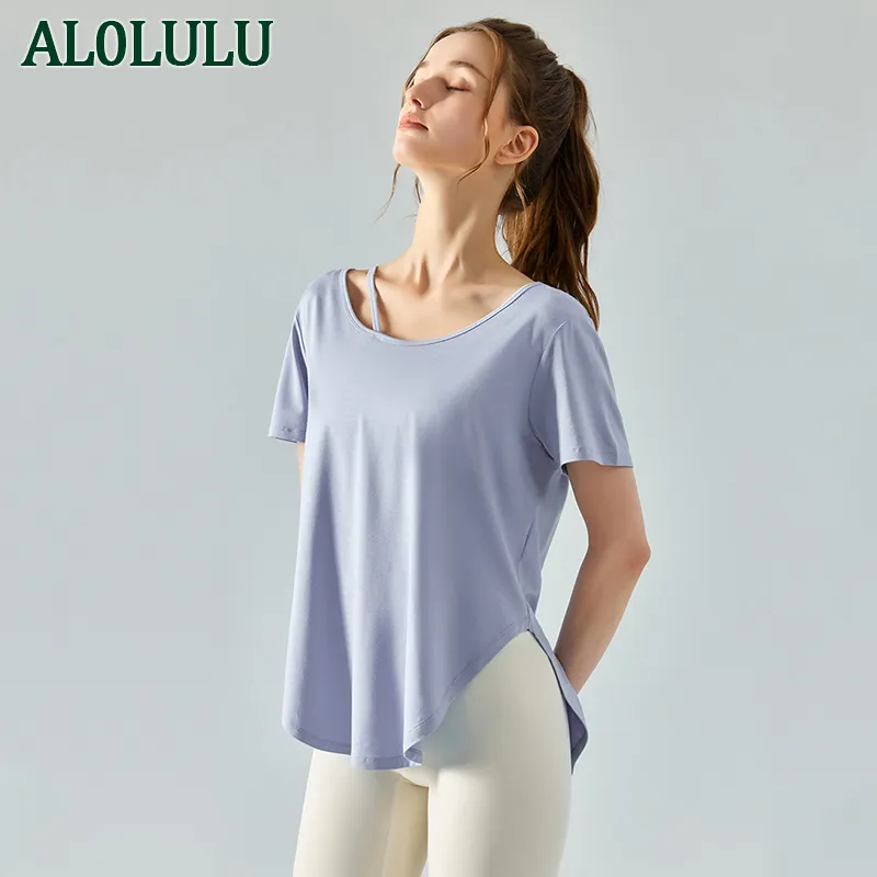 AL0LULU suelta yoga manga corta blazer largo transpirable fitness camiseta
