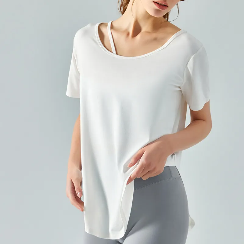 AL0LULU suelta yoga manga corta blazer largo transpirable fitness camiseta