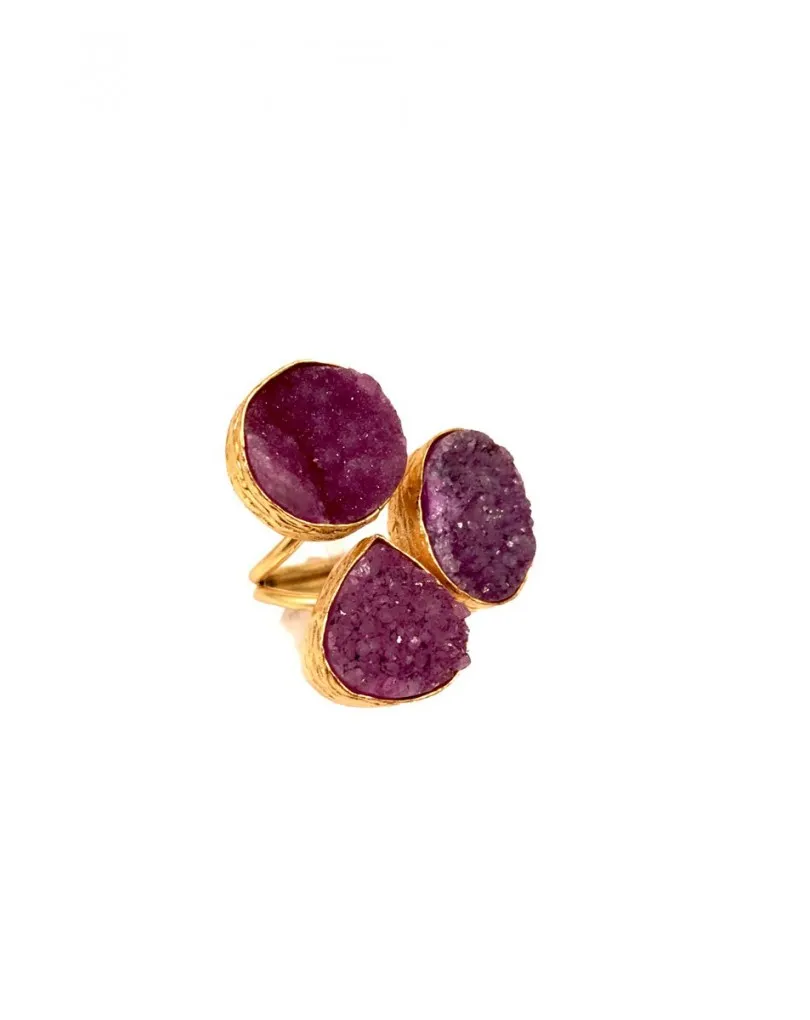 ANILLO MORADO TRES PIEDRAS DRUSAS