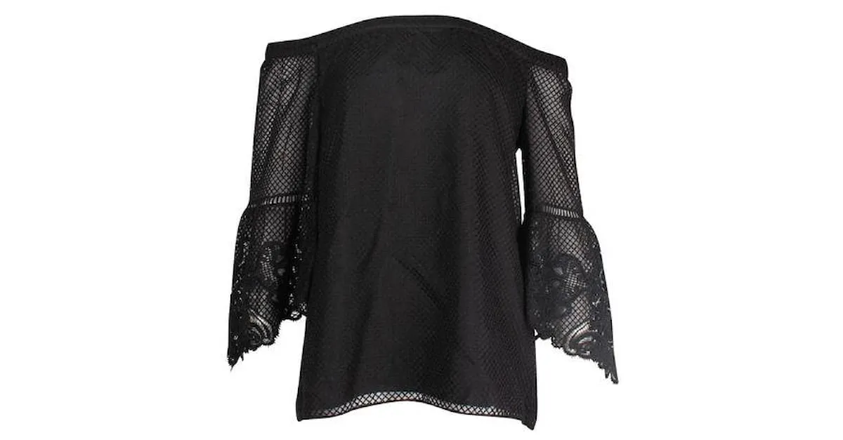 Autre Marque Kobi Halperin Top de seda negro con hombros descubiertos y mangas bordadas 