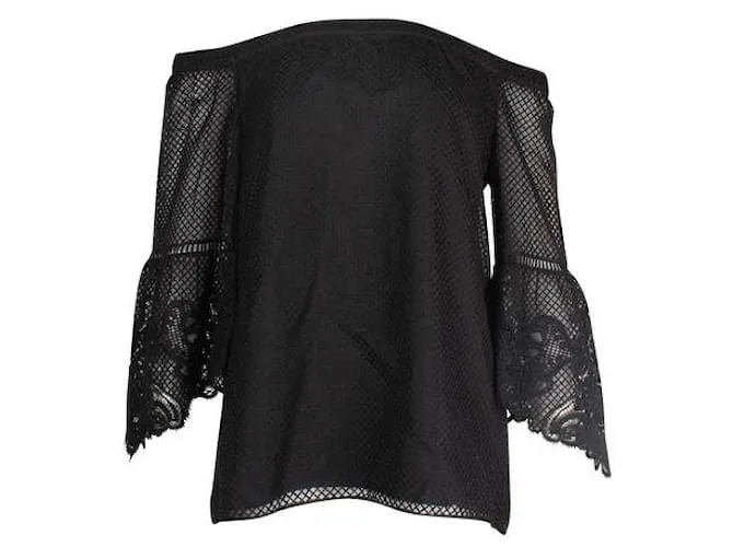 Autre Marque Kobi Halperin Top de seda negro con hombros descubiertos y mangas bordadas 