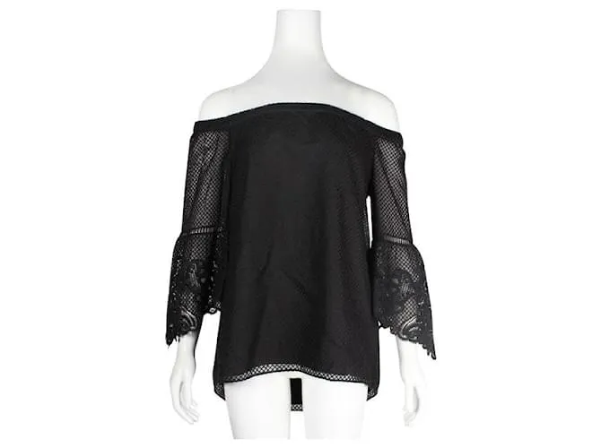Autre Marque Kobi Halperin Top de seda negro con hombros descubiertos y mangas bordadas 
