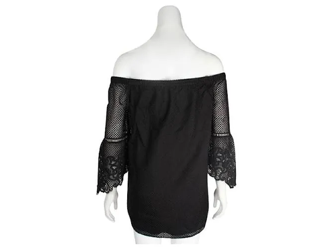 Autre Marque Kobi Halperin Top de seda negro con hombros descubiertos y mangas bordadas 