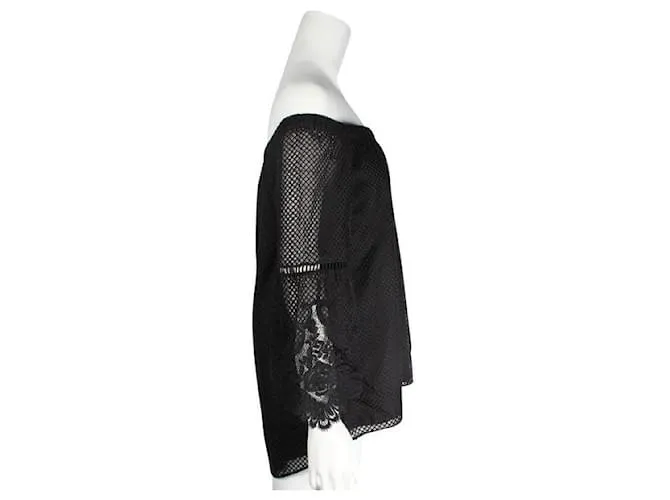 Autre Marque Kobi Halperin Top de seda negro con hombros descubiertos y mangas bordadas 