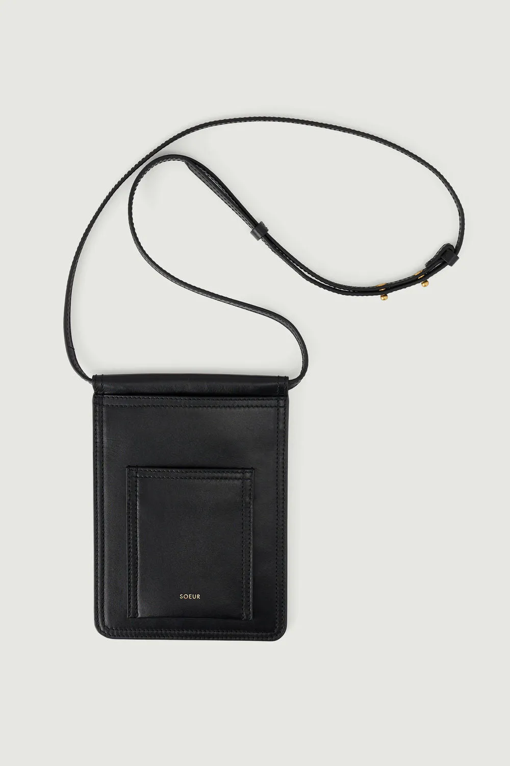 BOLSILLO BALDY Pochetera plana de cuero liso con bandolera