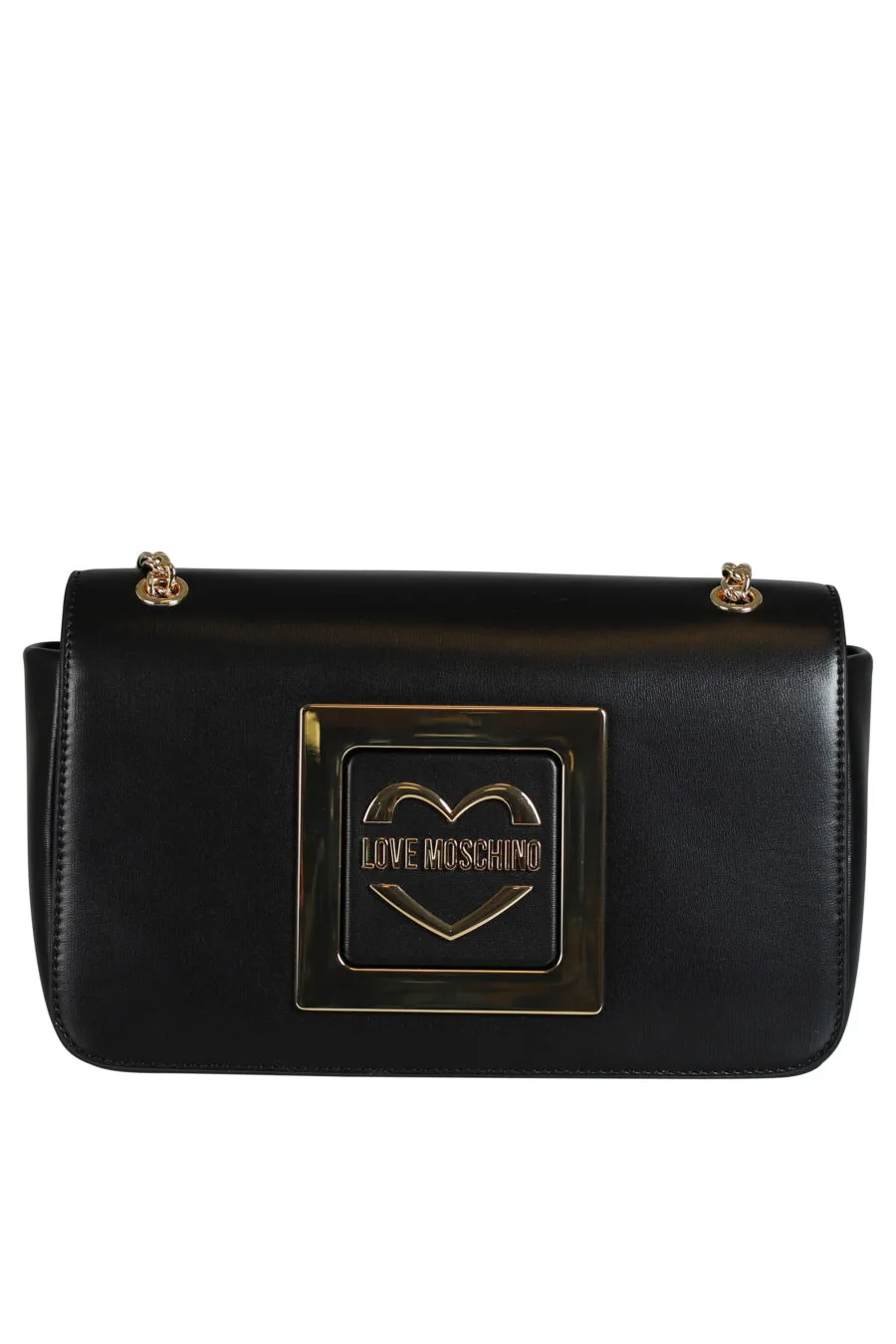 Bolso negro de hombro con logo en dorado y cadena