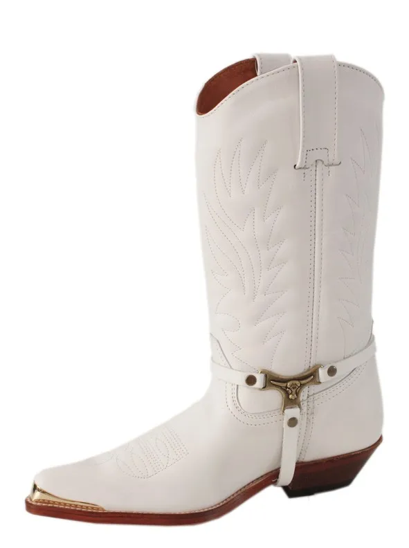 Bota cowboy blanca a medida en piel con puntera de metal
