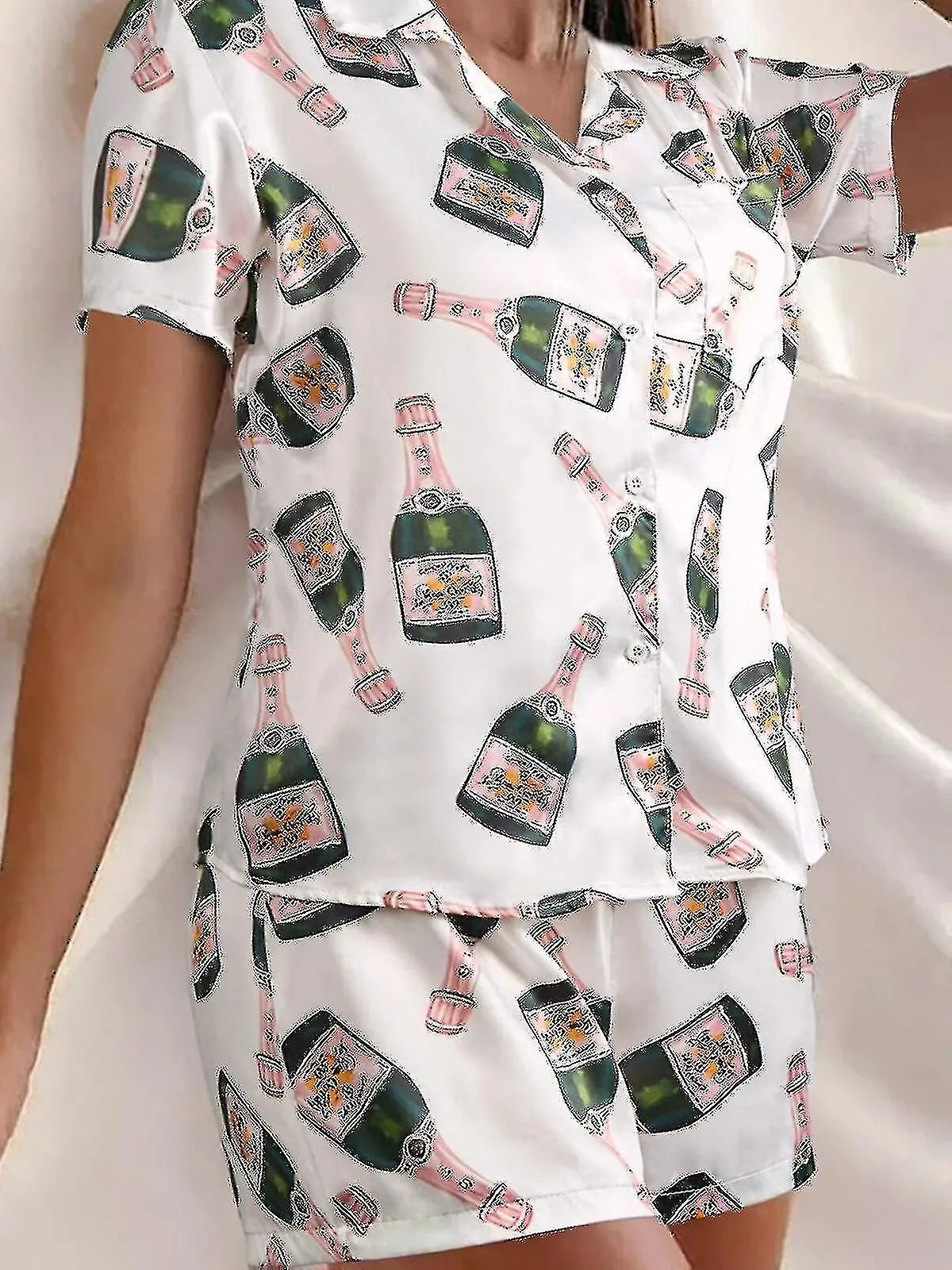 Botellas de champán Conjunto de pijama de botón Mujer Estampado Manga Corta 2 Piezas Suave Suelto Casual Ropa de dormir Cómoda R