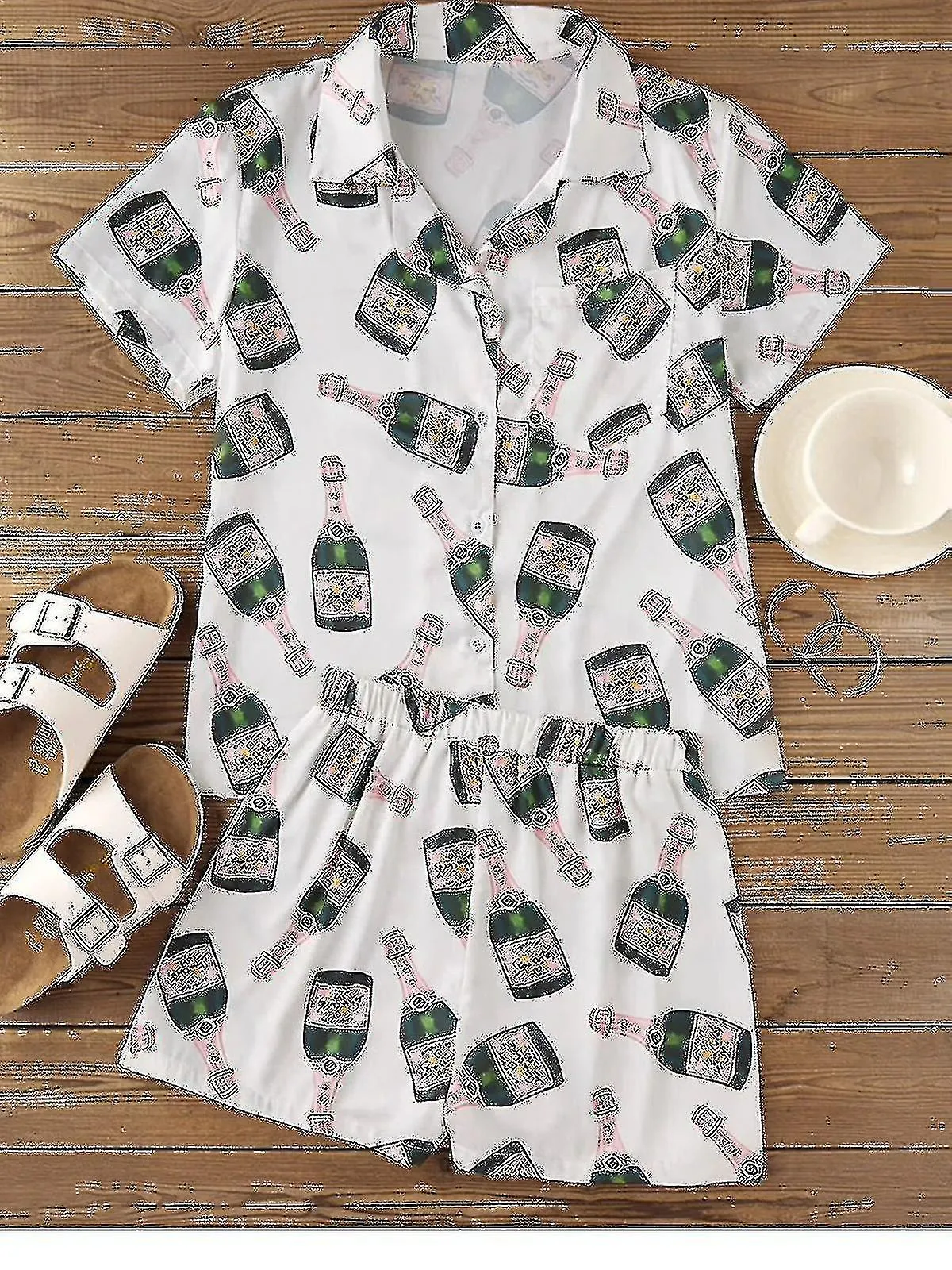 Botellas de champán Conjunto de pijama de botón Mujer Estampado Manga Corta 2 Piezas Suave Suelto Casual Ropa de dormir Cómoda R