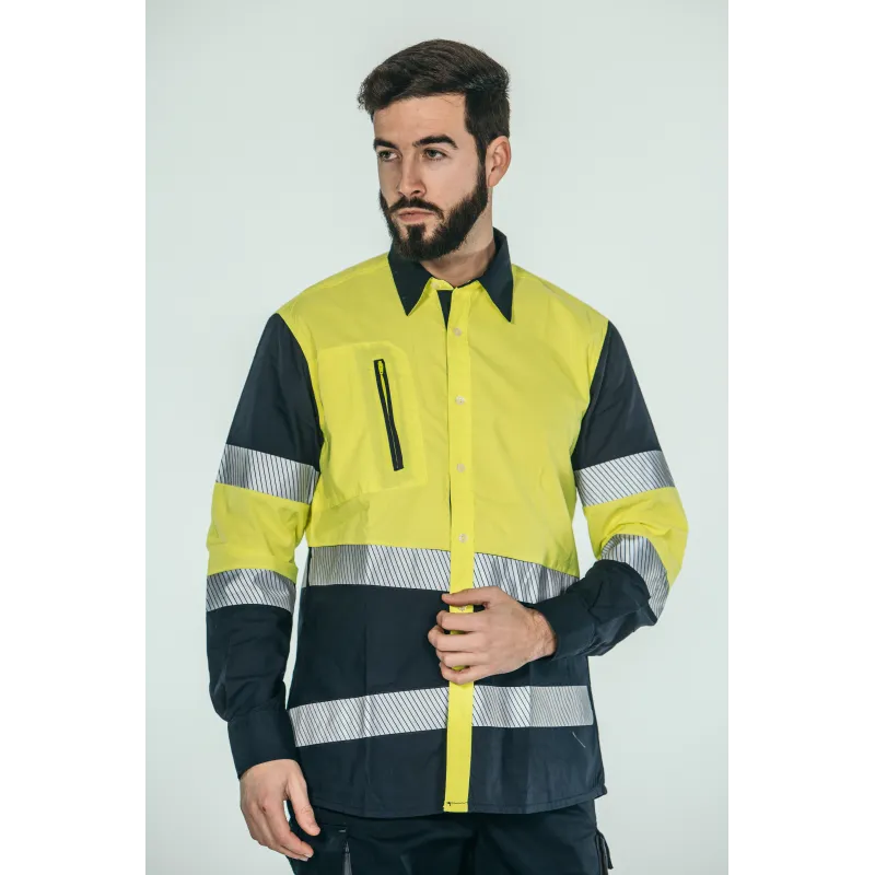 Camisa alta visibilidad HOMBRE KINGSMANN STARLIGHT manga larga, Azul Marino con Amarillo Flúor