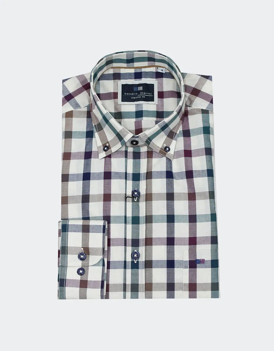 Camisa hombre manga larga TELA cuadros medianos fondo crudo