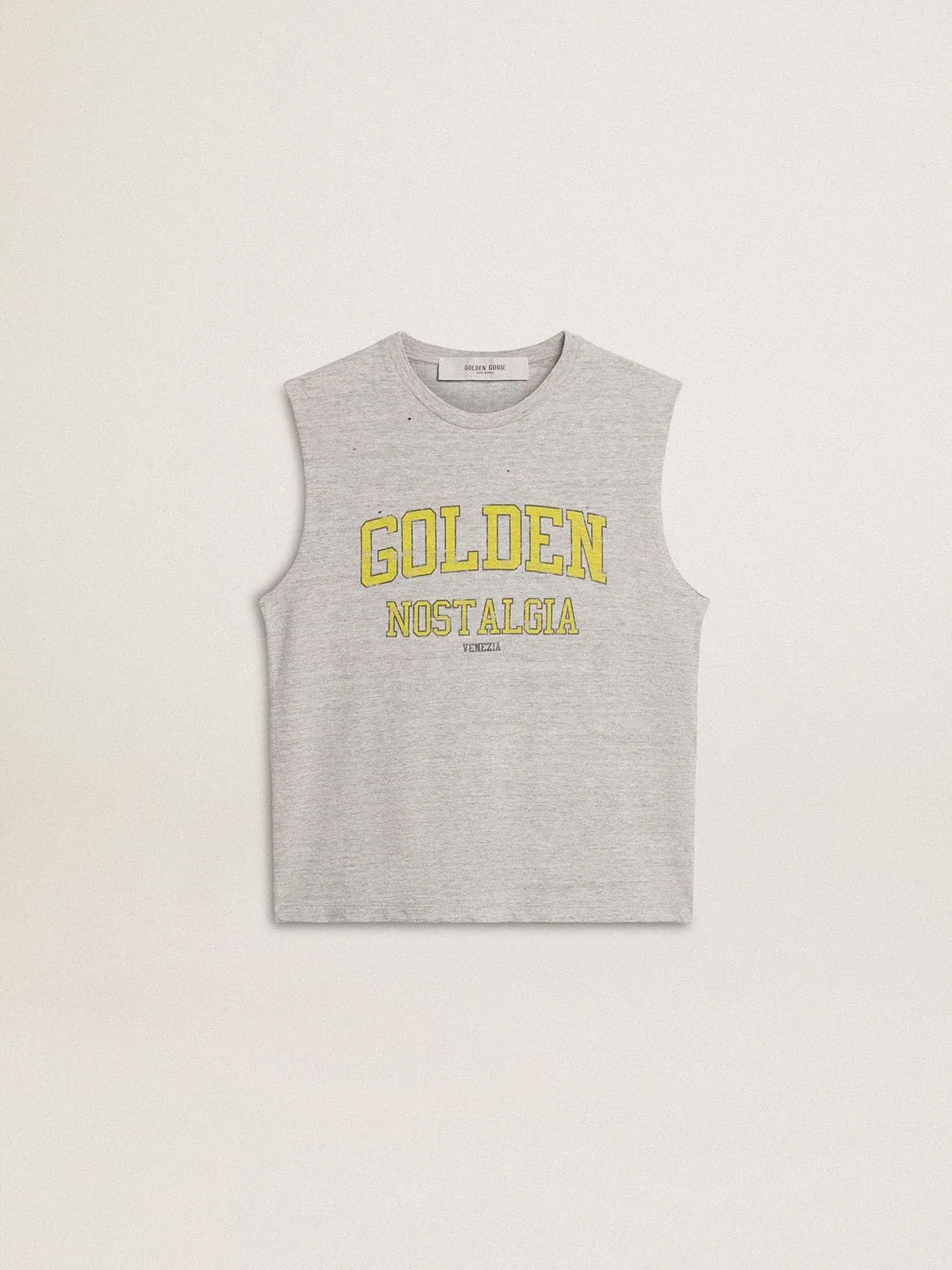 Camiseta sin mangas de mujer de color gris con estampado amarillo