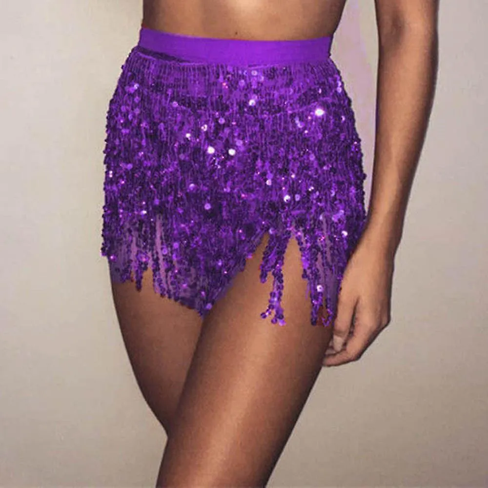 FALDA NEGRA MUJERES SEQUIN BELLY DANCER COSTUME TASSEL WRAP CLUB MINI ZH52