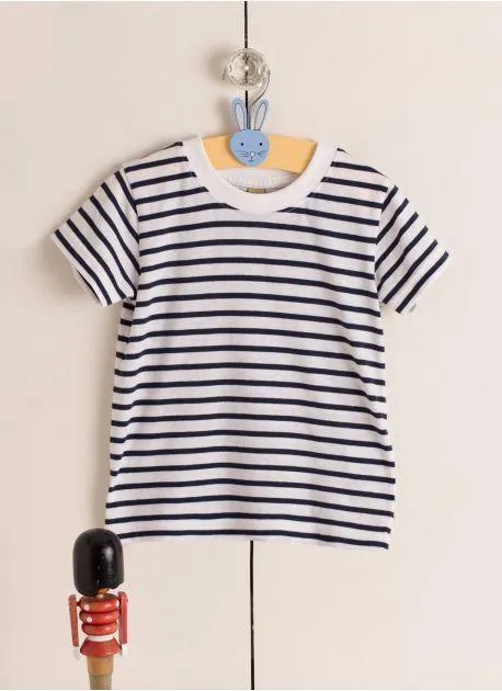 LARKWOOD LW027  CAMISETA STRIPED CUELLO REDONDO PARA NIñOS  BLANCO / AZUL MARINO