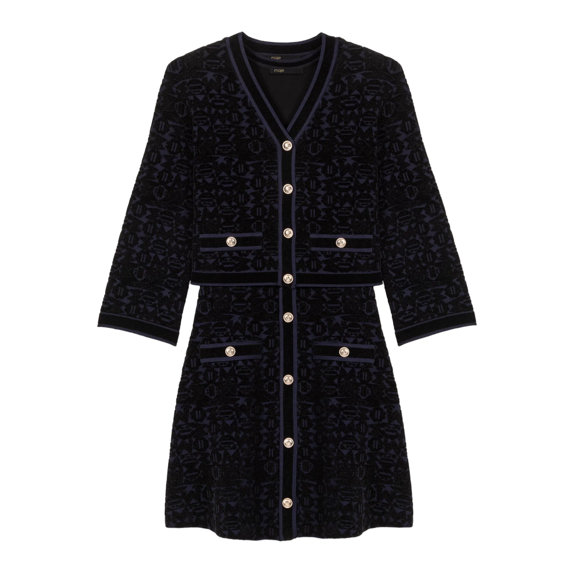 MAJE Vestido corto con cuello en V en jacquard estampado en negro