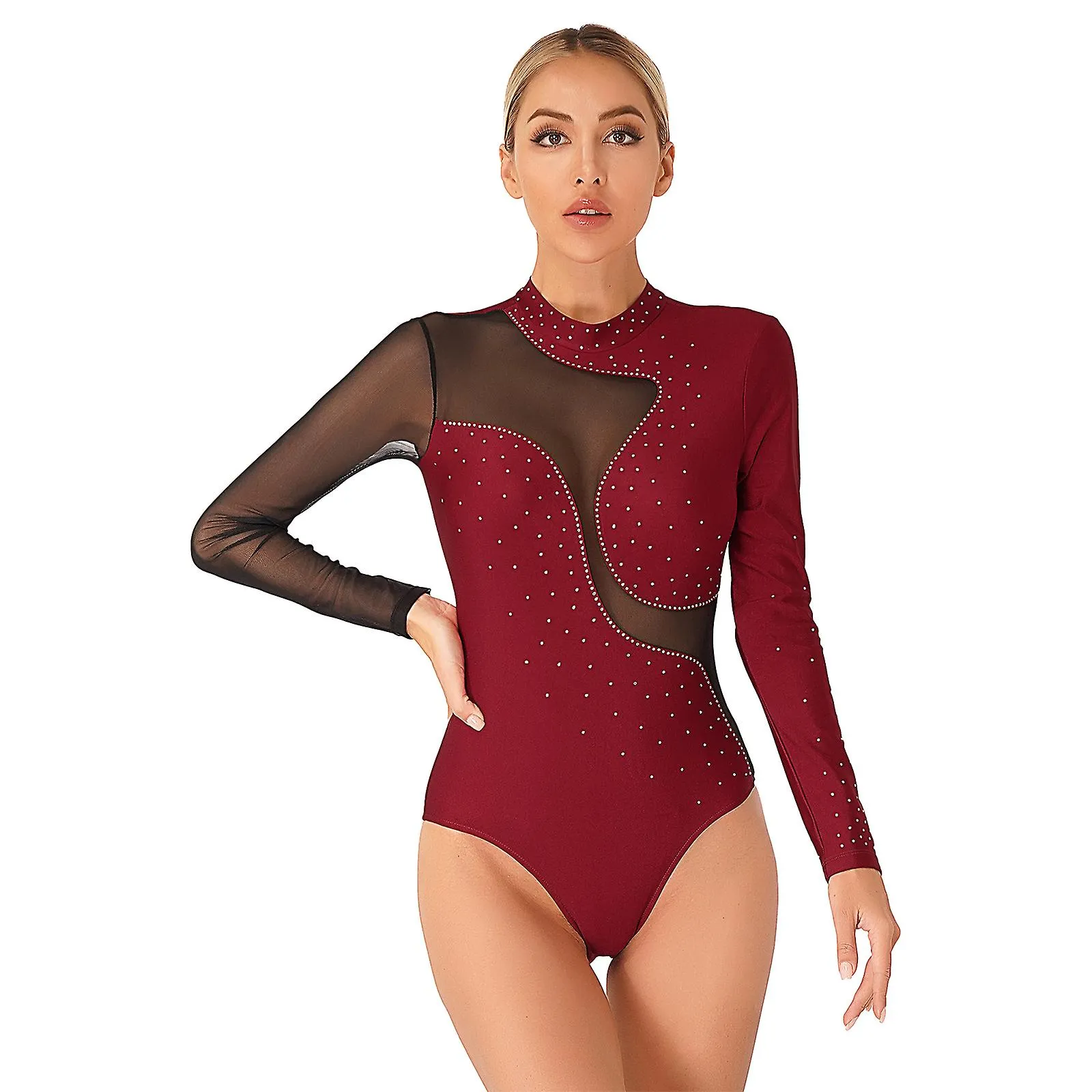 Otwoo Mujeres Patinaje Artístico Danza Mono Brillante Rhinestone Gimnasia Traje de baño Leotardo Traje Sheer Dance Performance B