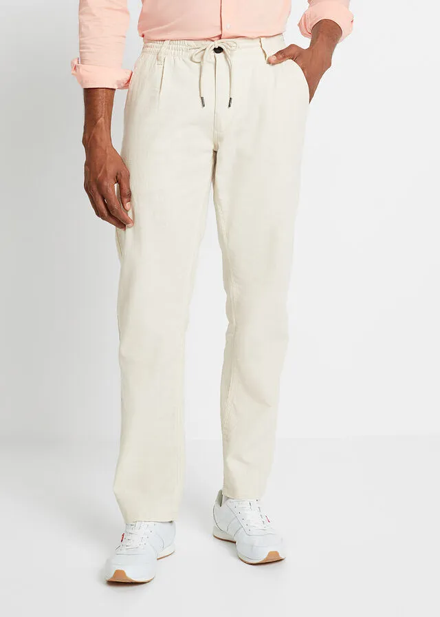 PANTALóN CHINO DE LINO SIN CIERRE DE CORTE REGULAR Y RECTO BEIGEARENA