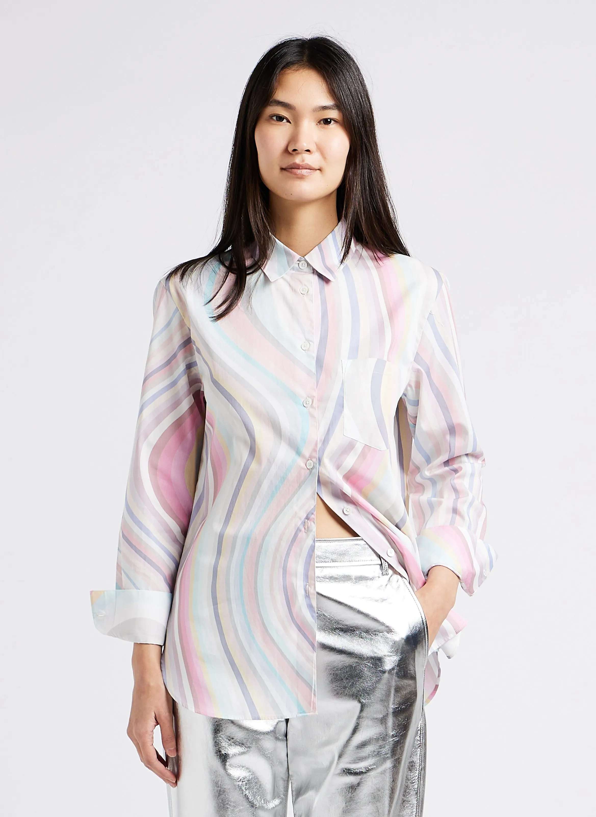 PAUL SMITH Camisa holgada de algodón con cuello italiano estampado líneas en multicolor