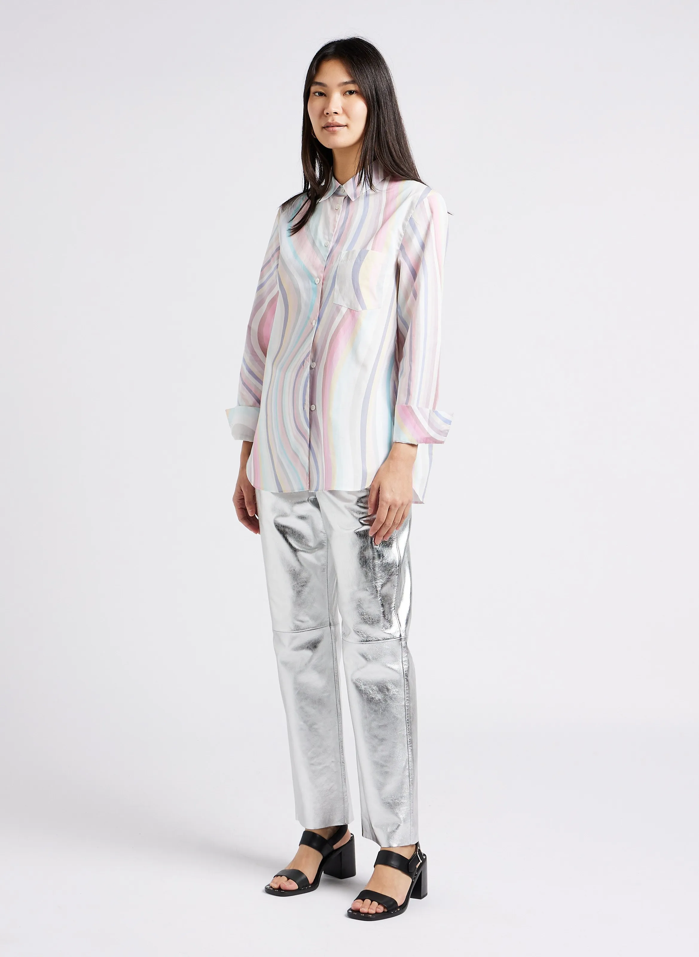 PAUL SMITH Camisa holgada de algodón con cuello italiano estampado líneas en multicolor