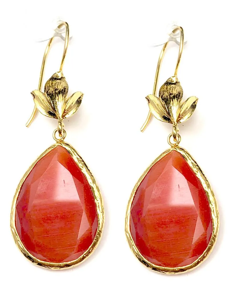 PENDIENTES LARGOS NARANJAS CON PIEDRA FACETADA OJO DE GATO