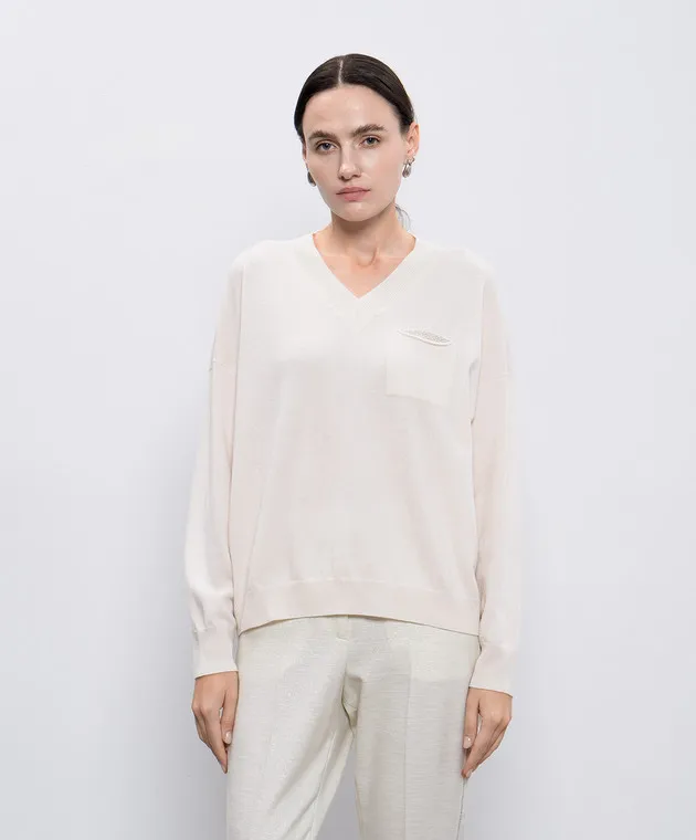Peserico Beige wool, silk and cashmere pullover with monil chain