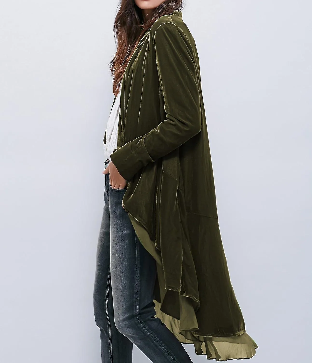 R.Vivimos Chaquetas Largas Asimétricas De Terciopelo Con Volantes De Mujer Abrigo Chaquetas Casuales