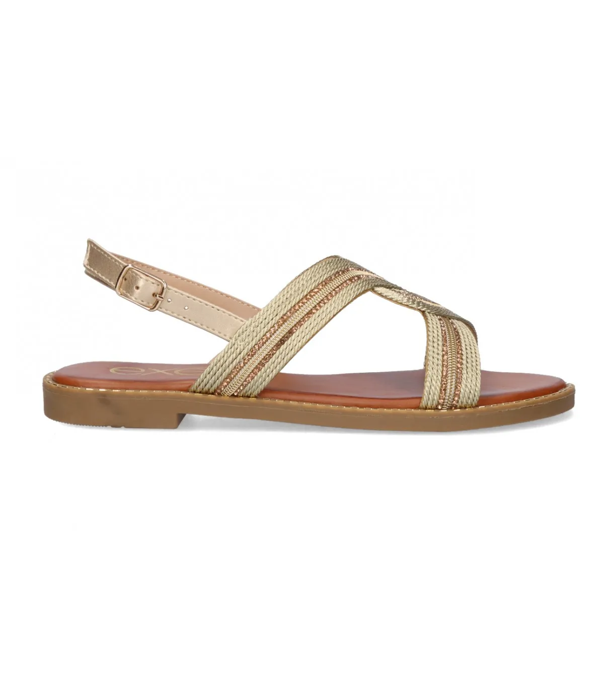 Sandalia para mujer en color oro, con cierre de hebilla