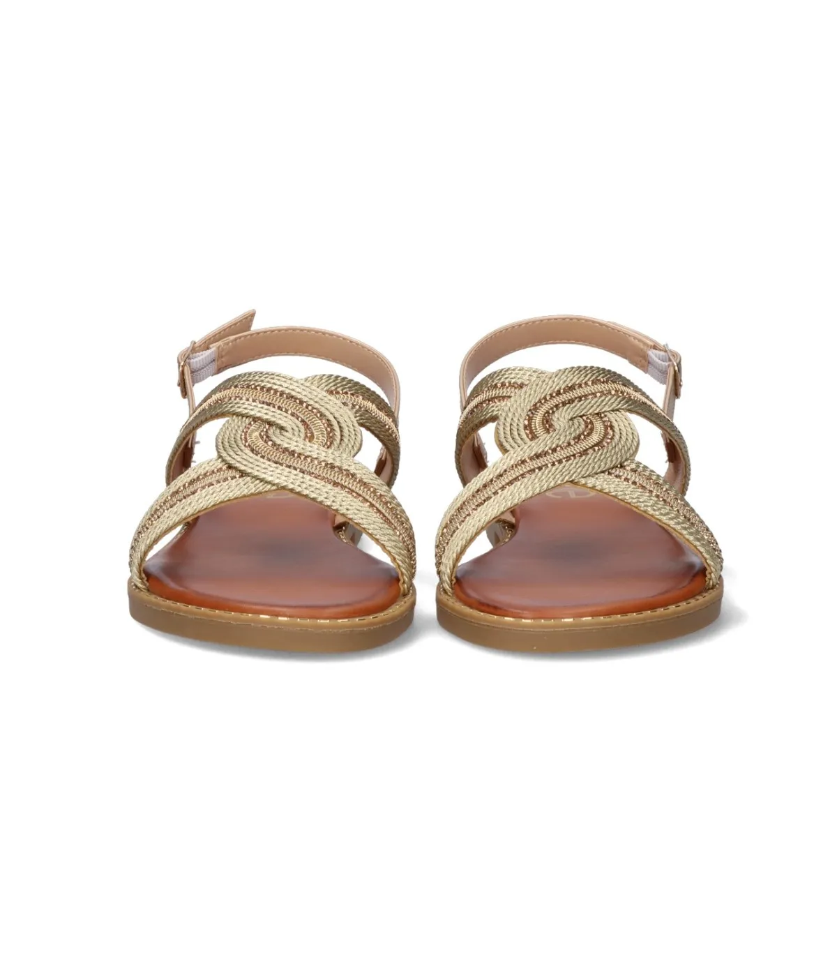 Sandalia para mujer en color oro, con cierre de hebilla