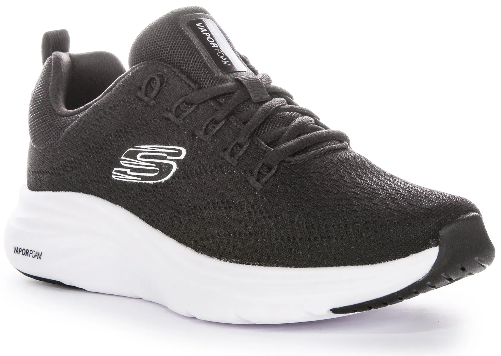 Skechers Vapor Foam Zapatillas deportivas de malla para mujer con cordones y refrigeración de aire vegana en negro y blanco