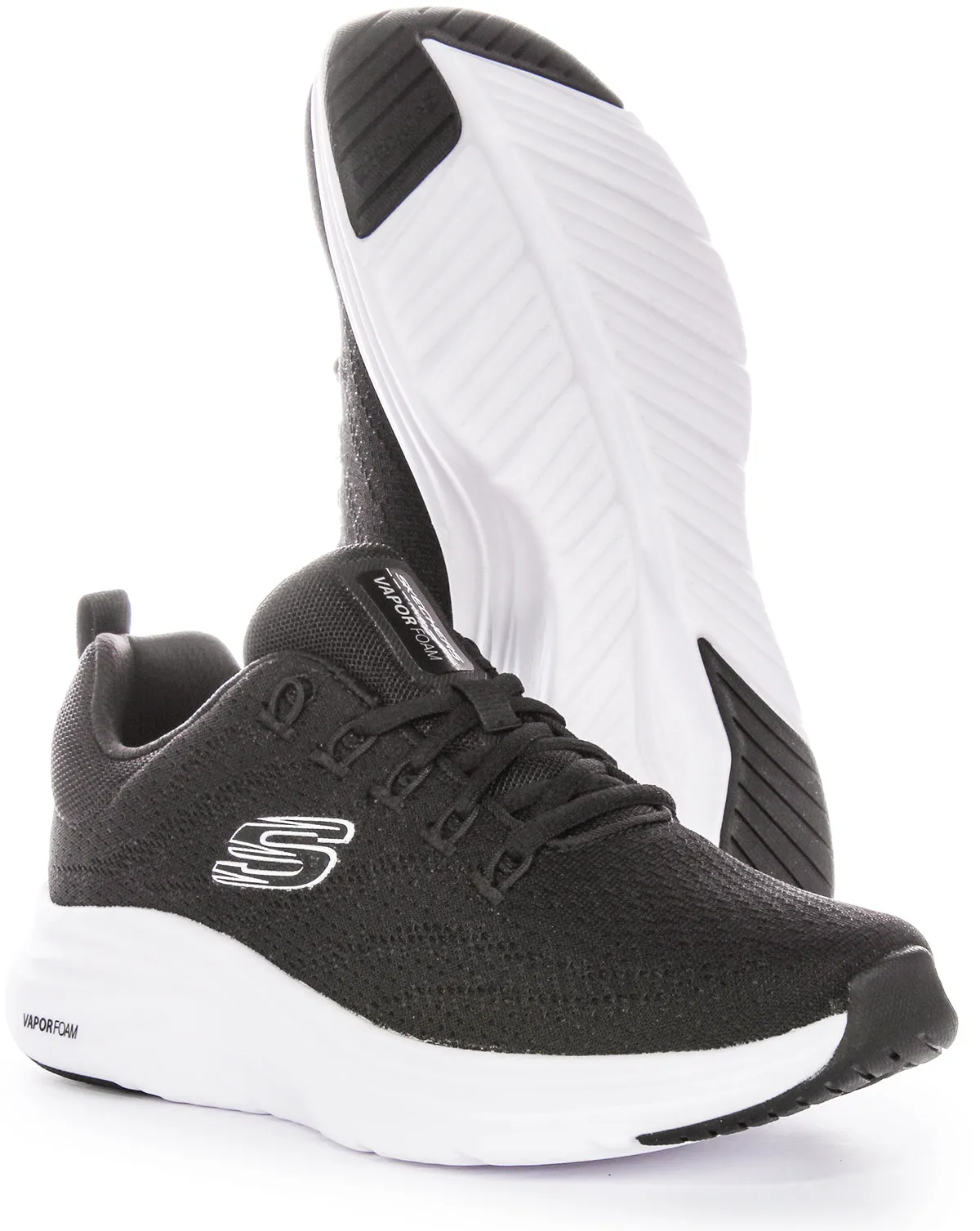 Skechers Vapor Foam Zapatillas deportivas de malla para mujer con cordones y refrigeración de aire vegana en negro y blanco