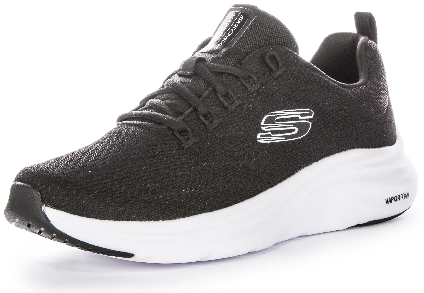 Skechers Vapor Foam Zapatillas deportivas de malla para mujer con cordones y refrigeración de aire vegana en negro y blanco