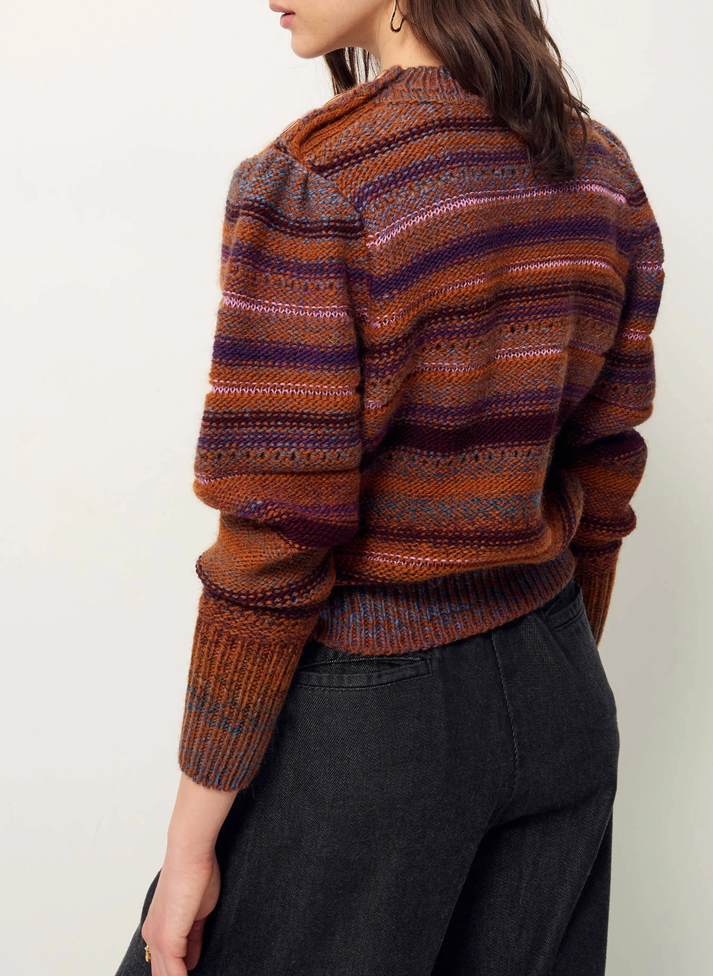 TOLOSA  JERSEY RECTO DE MEZCLA DE LANA A RAYAS CON CUELLO REDONDO EN MARRON