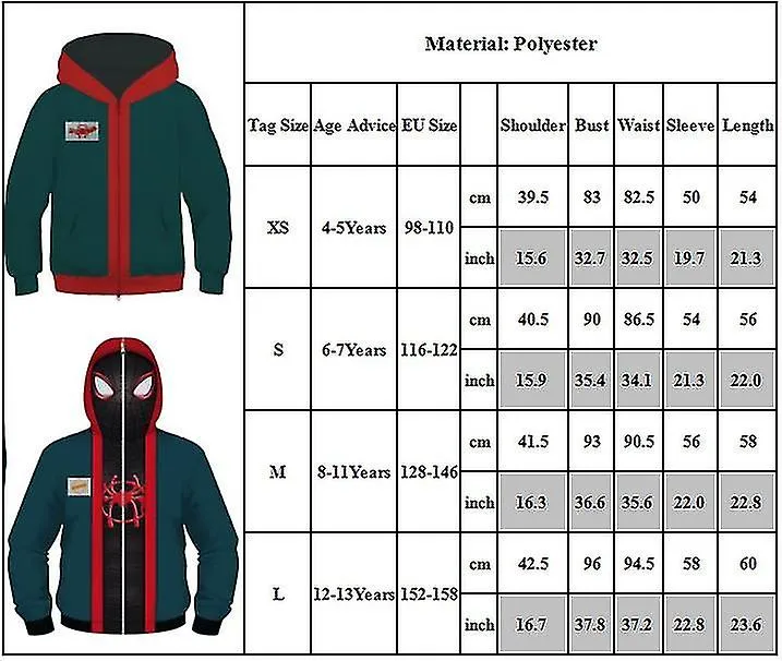 VERSO INFANTIL MILES MORALES COSPLAY CHAQUETA SPIDERMAN ABRIGO CAPUCHA TOPS 413 AñOS