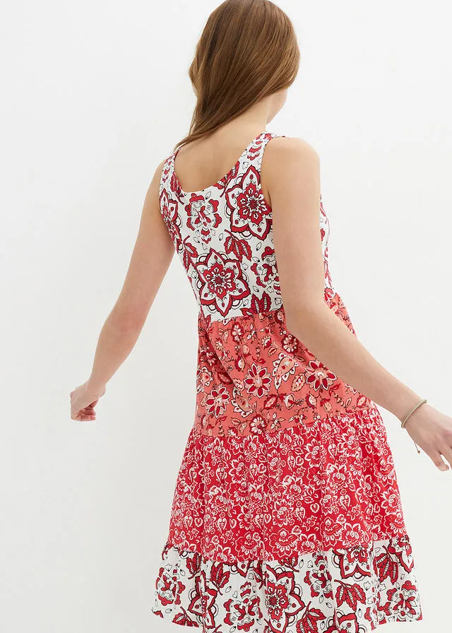 Vestido de punto de manga corta de algodón Rojo intenso con patrón paisley