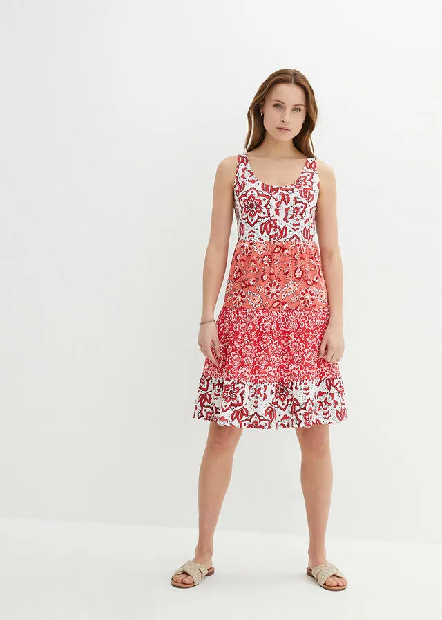 Vestido de punto de manga corta de algodón Rojo intenso con patrón paisley