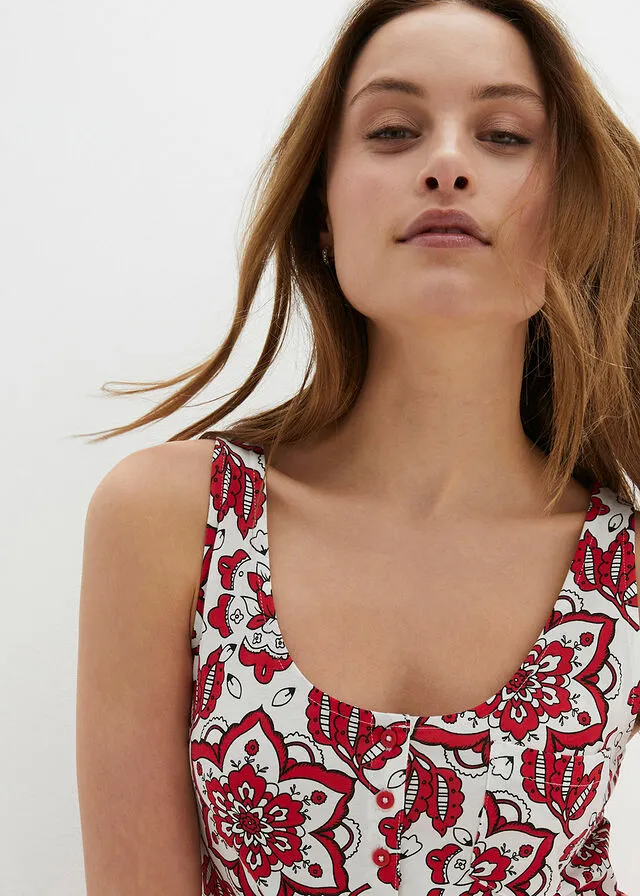 Vestido de punto de manga corta de algodón Rojo intenso con patrón paisley