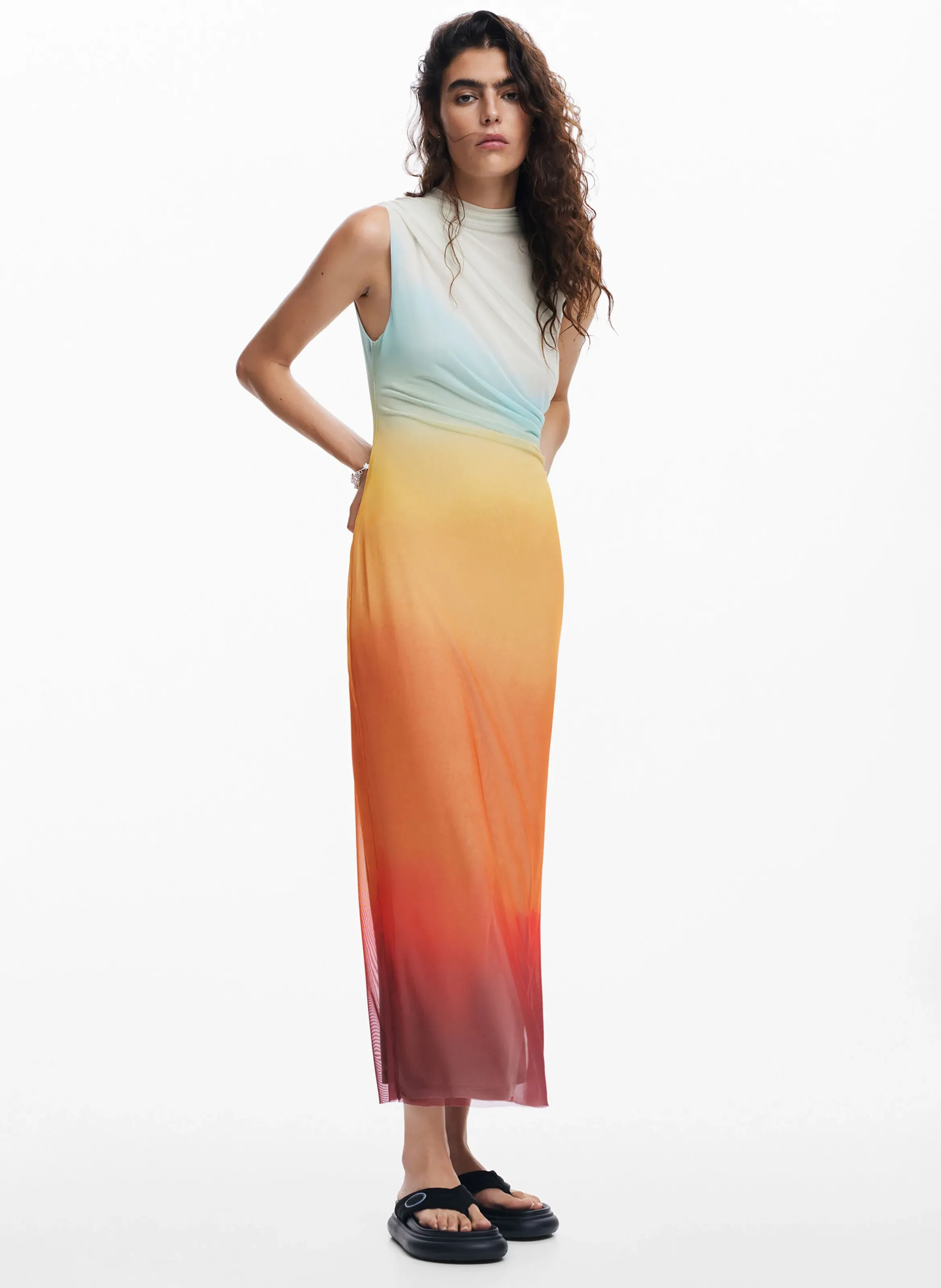 Vestido largo de tul degradado en naranja