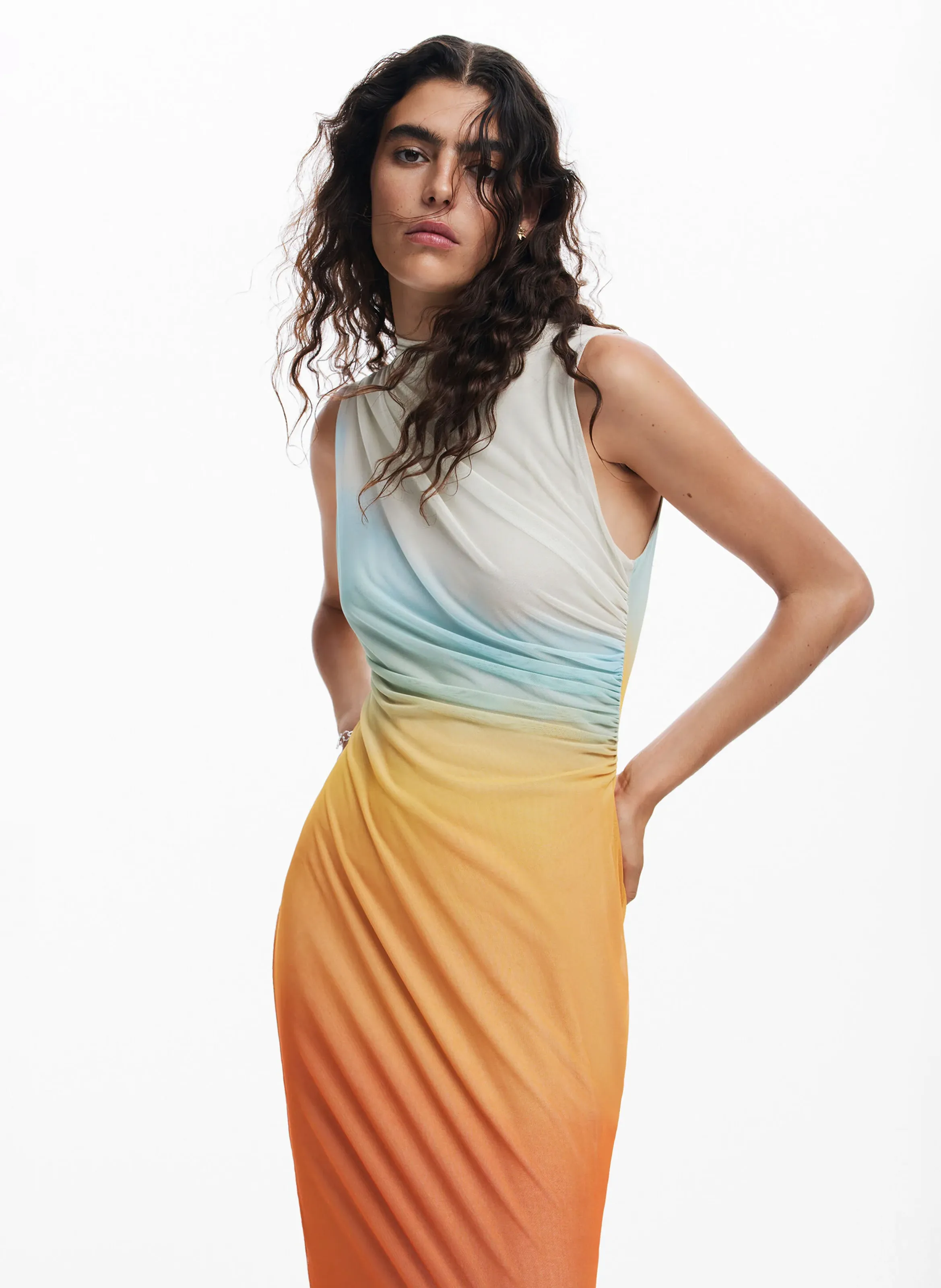 Vestido largo de tul degradado en naranja