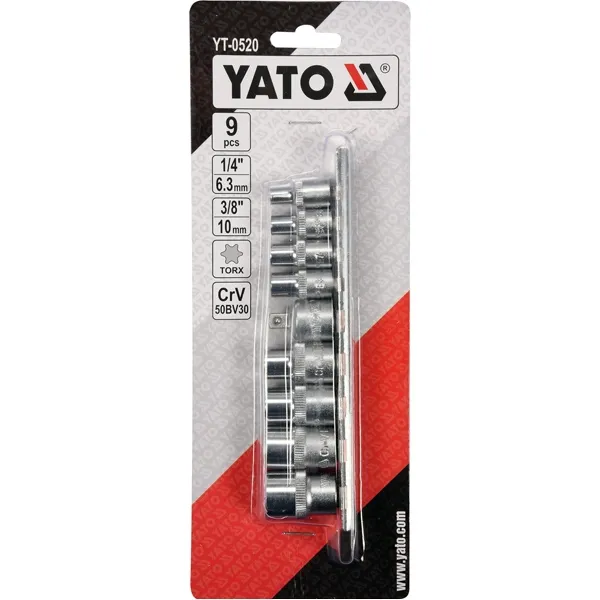 YATO  YT0520  JUEGO DE LLAVES TUBULARES, 516 MM, CUADRADO DE 1/4 DE PULGADA Y 3/8 DE PULGADA, 9 PIEZAS